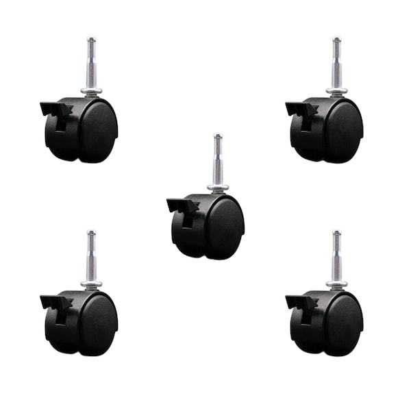 2'' Black Metal Hood Twin Caster with Brake Nylon Wheels Grip Neck Stem, 5PK